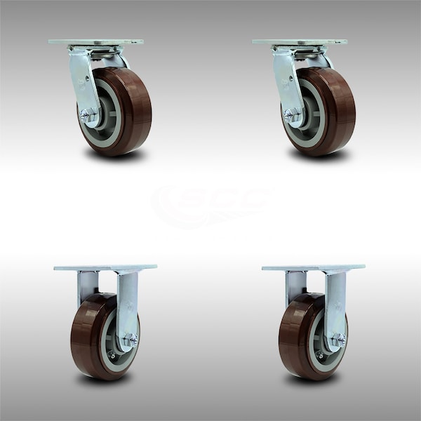 5 Inch SS Polyurethane Caster Set with Ball Bearings 2 Swivel 2 Rigid SCC